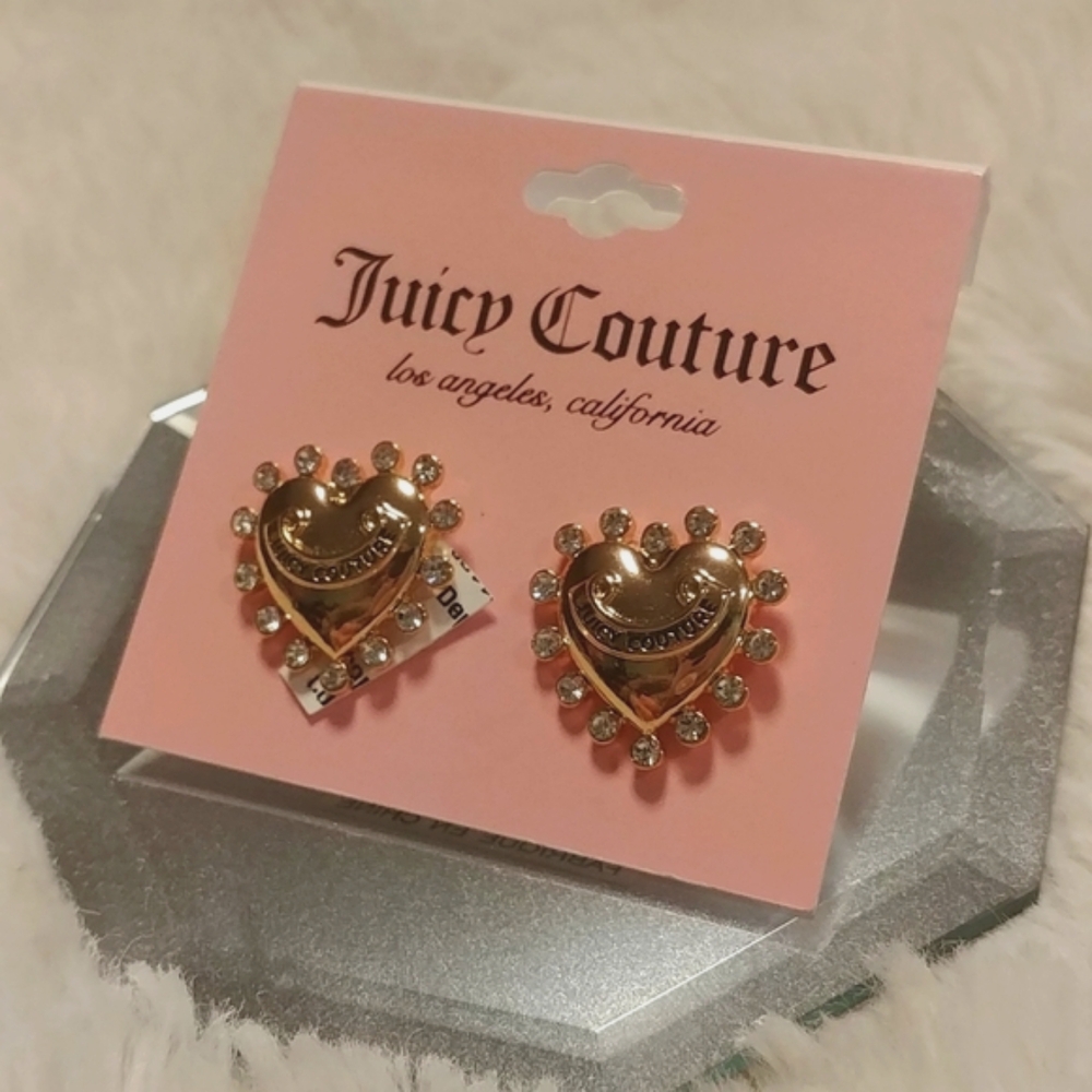 NWT Juicy Couture Heart Stud Faux Diamond Gold Tone Earrings